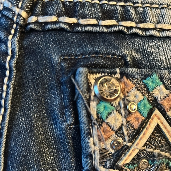 Miss Me Signature Bootcut Jeans Turquoise and Pink Embroidered Pockets with Rine - Picture 13 of 14